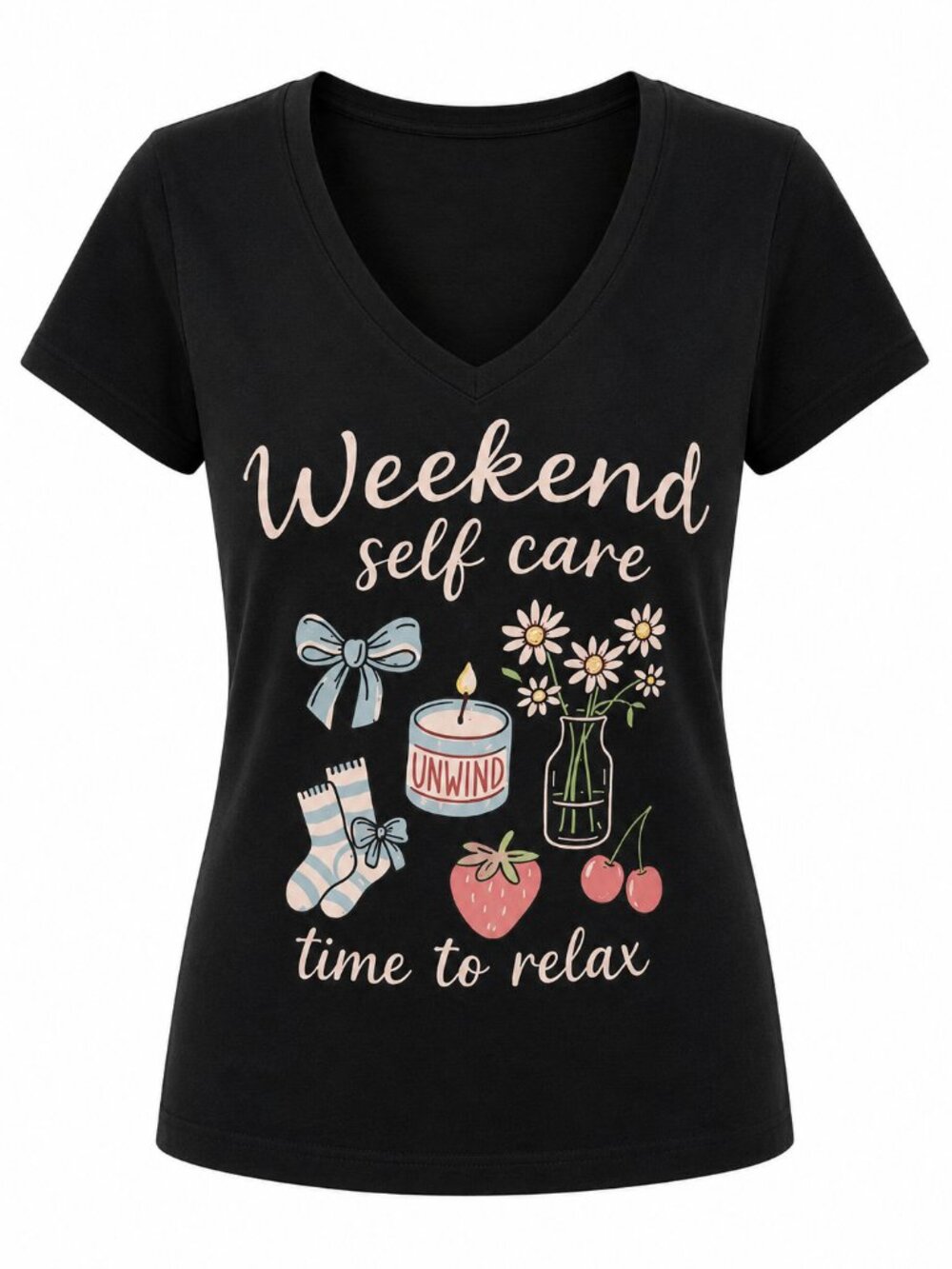 Women's Weekend Self Care Graphic V-Neck T-Shirt | Relax Quote Tee Black S-XL